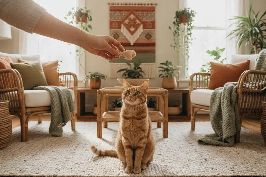 Chat assis levant les yeux vers un morceau de poulet cuit tendu à la main dans un salon bohème