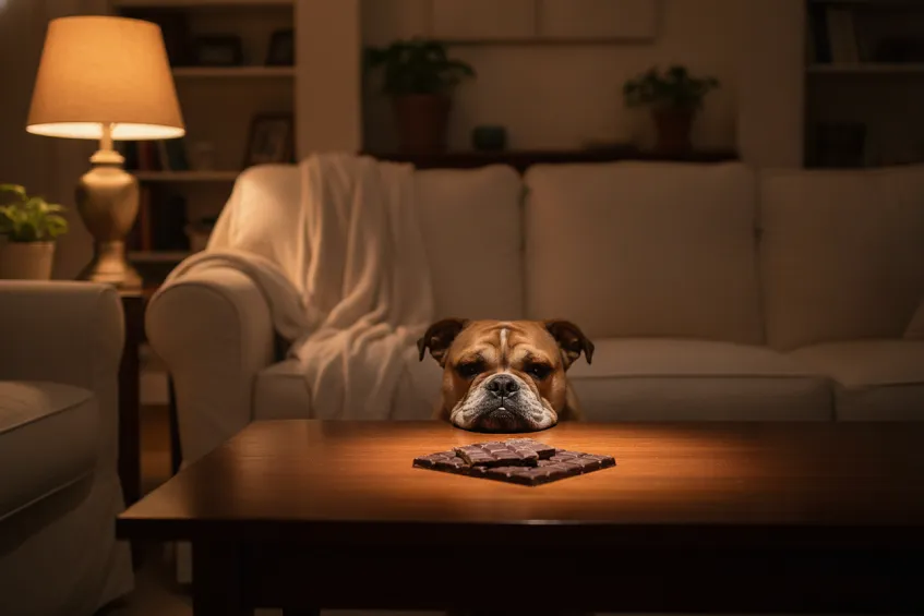 Chien posant le menton sur une table basse où sont posés des carrés de chocolat noir, le soir