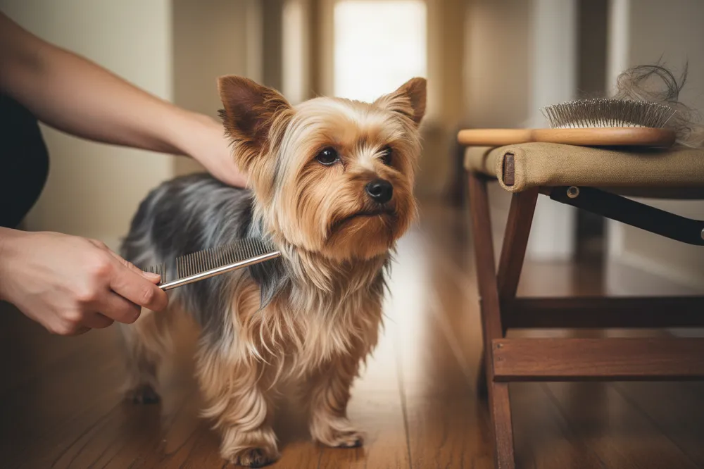 Des mains passent un peigne dans le poil d'un chien, une brosse posée à côté sur une chaise pliante.
