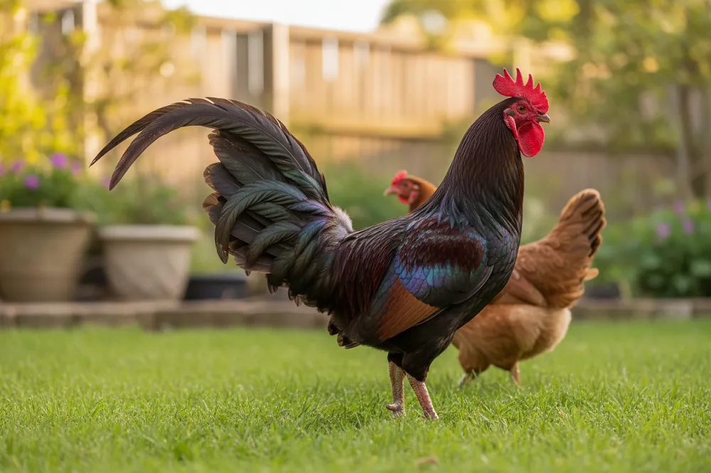 Un coq de profil sur l'herbe, ses longues plumes de queue recourbées bien visibles en arc au-dessus du dos, une poule à queue courte derrière lui.