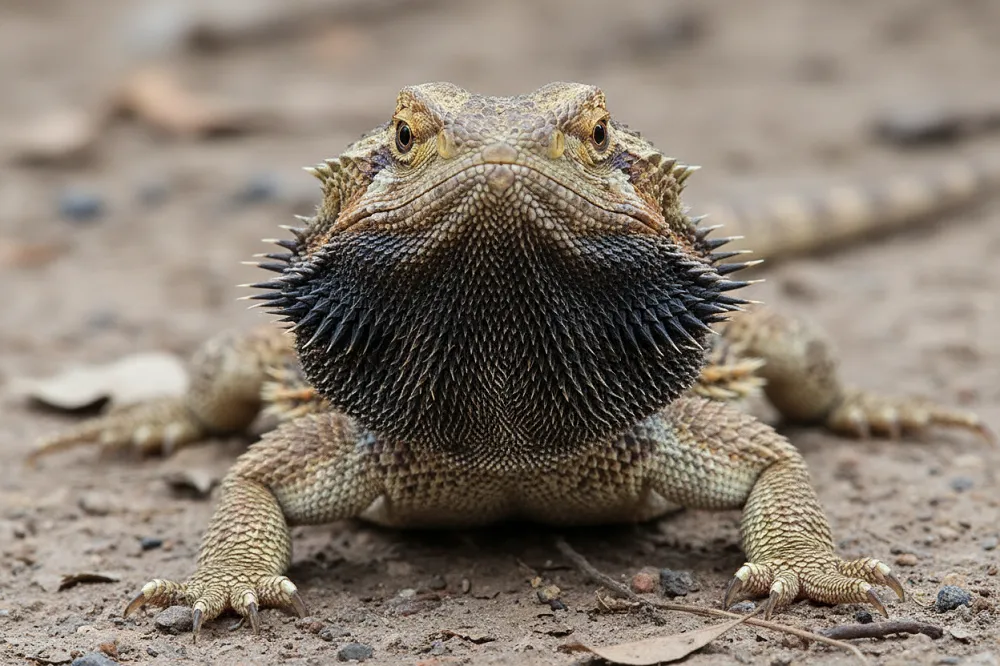 Pogona vu de face, la gorge sombre et gonflée.