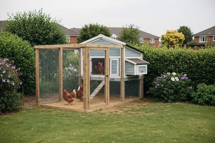 Prix poule pondeuse : un poulailler en bois avec son parc grillagé dans un jardin, trois poules à l'intérieur, la clôture et le grillage nettement solides.