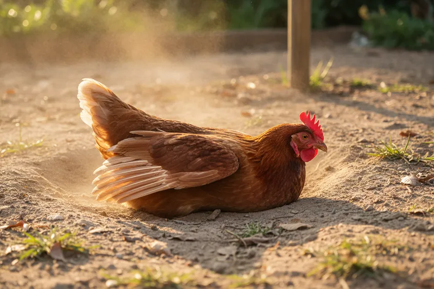 Poule brune couchée sur le flanc dans une cuvette de terre sèche, une aile déployée, prenant un bain de poussière.