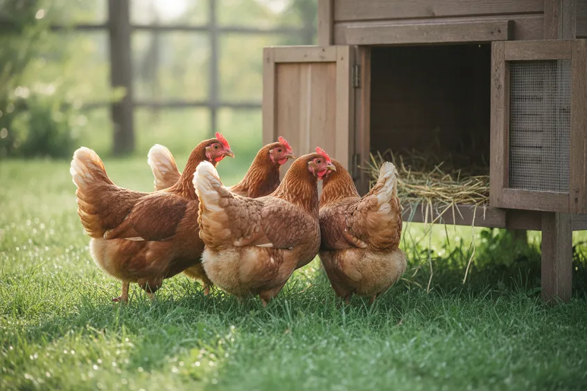 Faut-il un coq pour avoir des œufs : quatre poules réunies devant un poulailler ouvert, sans aucun coq, un pondoir visible par l'ouverture.
