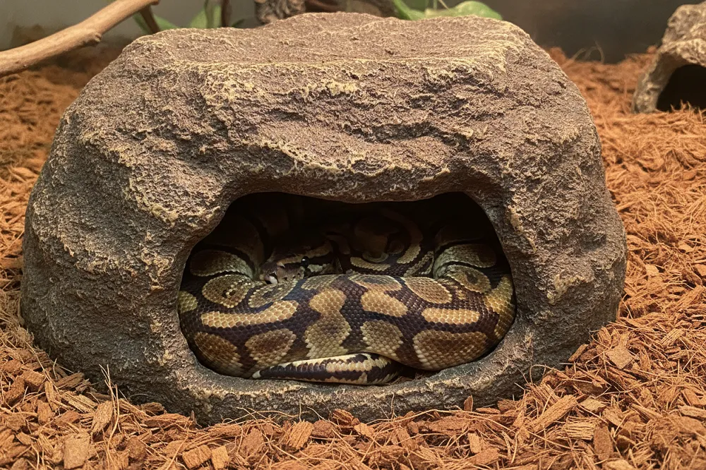 Python royal installé dans une cachette ajustée à sa taille.