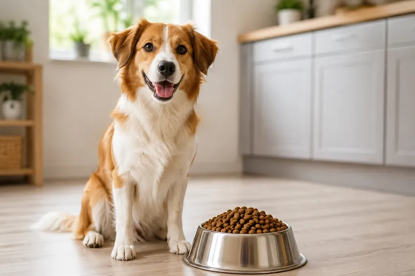 Un chien assis près de sa gamelle de croquettes, illustrant la quantité de croquettes pour chien