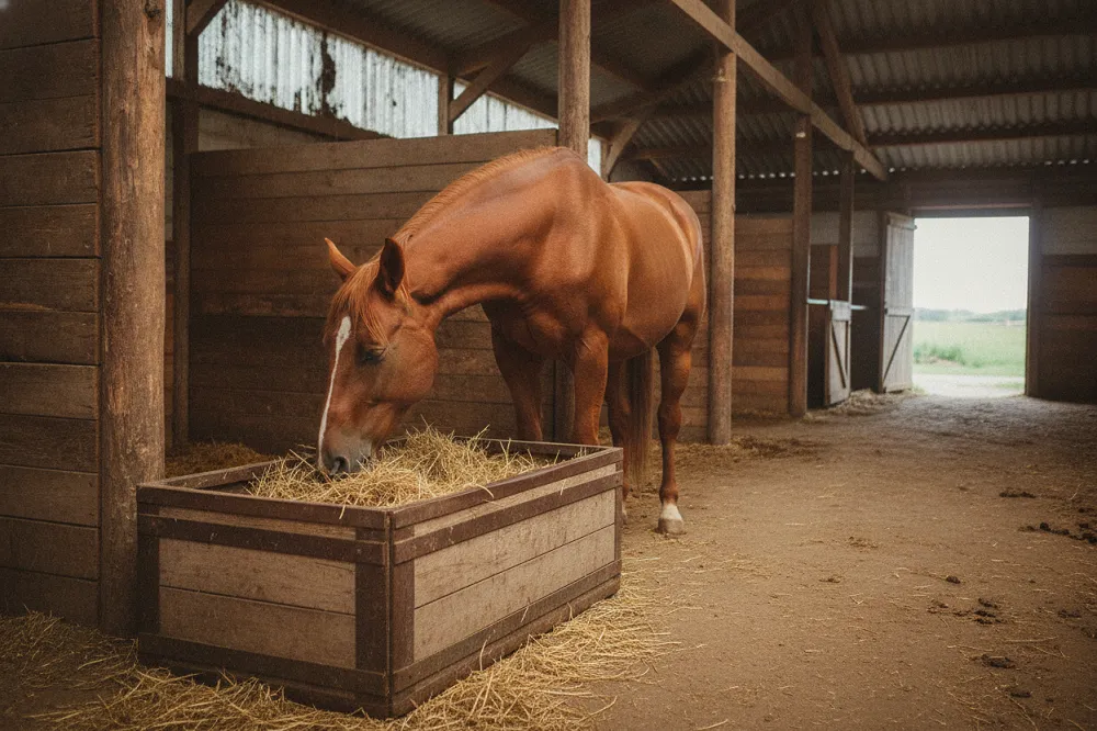 Râtelier foin chevaux posé bas : un cheval mange, encolure détendue et tête au niveau du poitrail