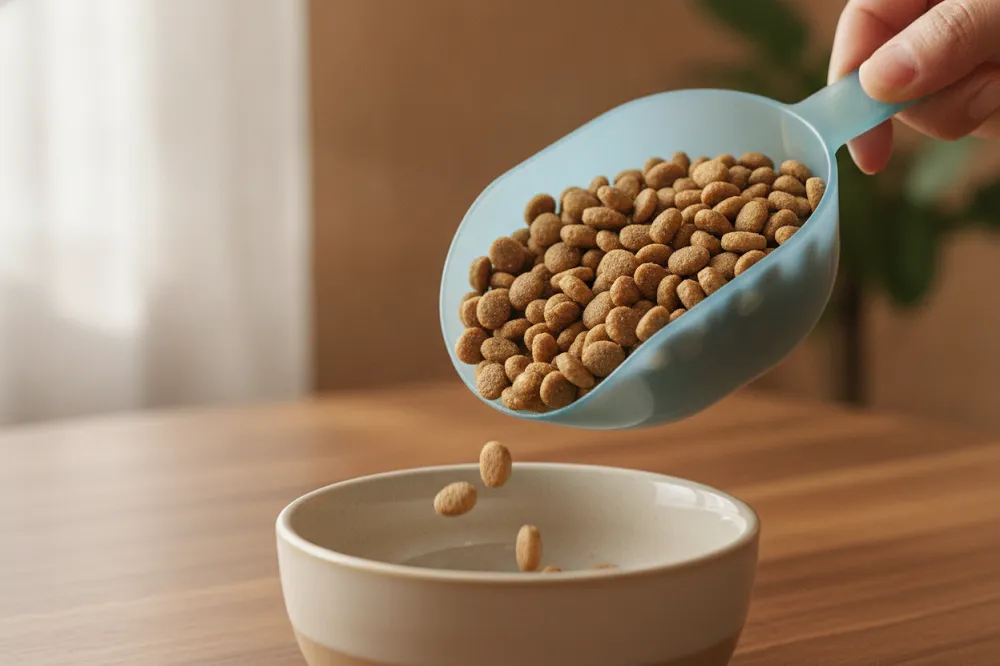 Combien de croquettes donner à ton chat par jour ? 1 Portion de croquettes dosée pour un chat, illustrant la ration quotidienne