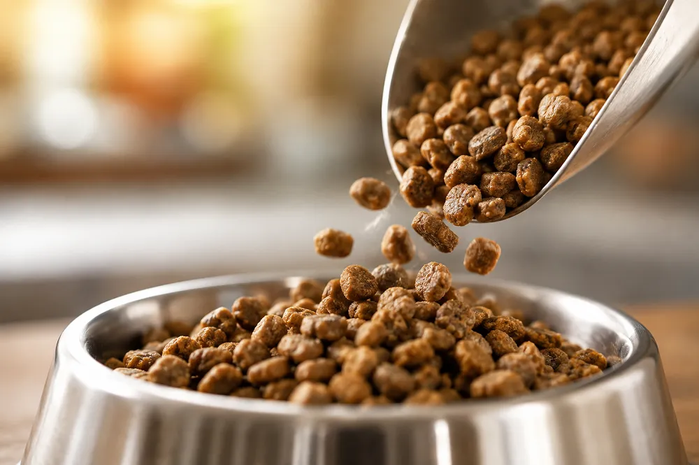 Combien de croquettes donner à ton chien par jour ? 1 Croquettes versées dans une gamelle, pour doser la ration du chien