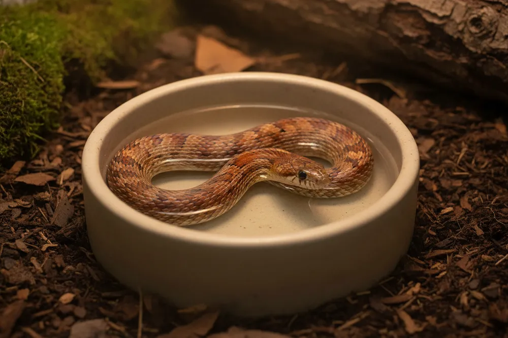 Serpent des blés lové dans un bac d'eau peu profond.