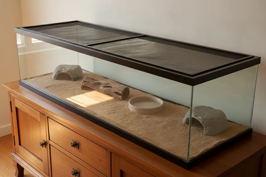 Terrarium gecko léopard : intérieur d'un terrarium long avec son décor, ses cachettes et son substrat lisse.
