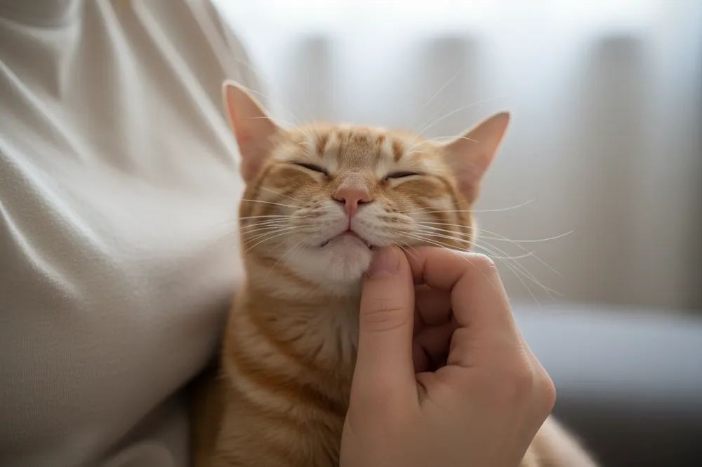 Vérification de la couleur des gencives d'un chat, roses et non pâles, après qu'il a mangé une souris