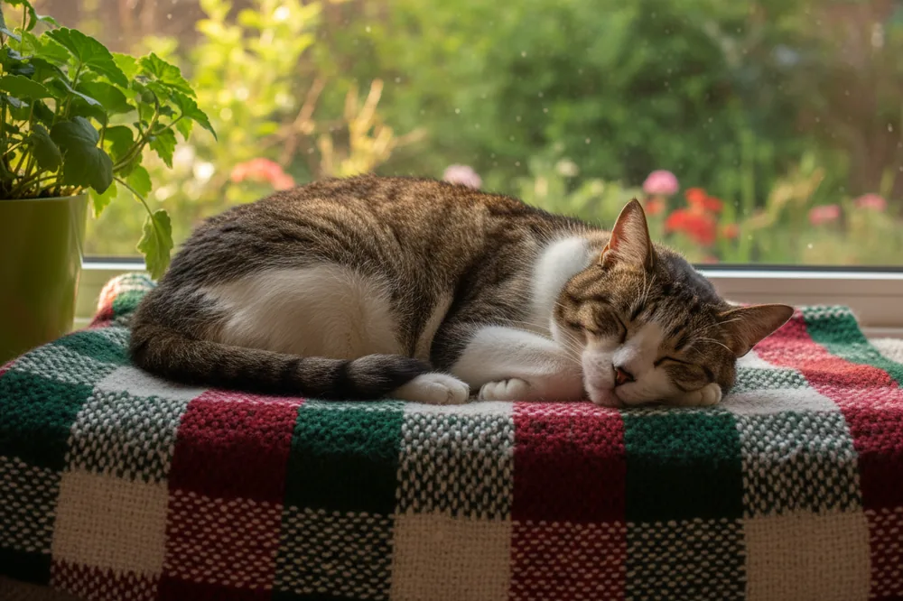 Chat tigré et blanc endormi sur un plaid près d'une fenêtre : l'âge chat humain aide à adapter son confort