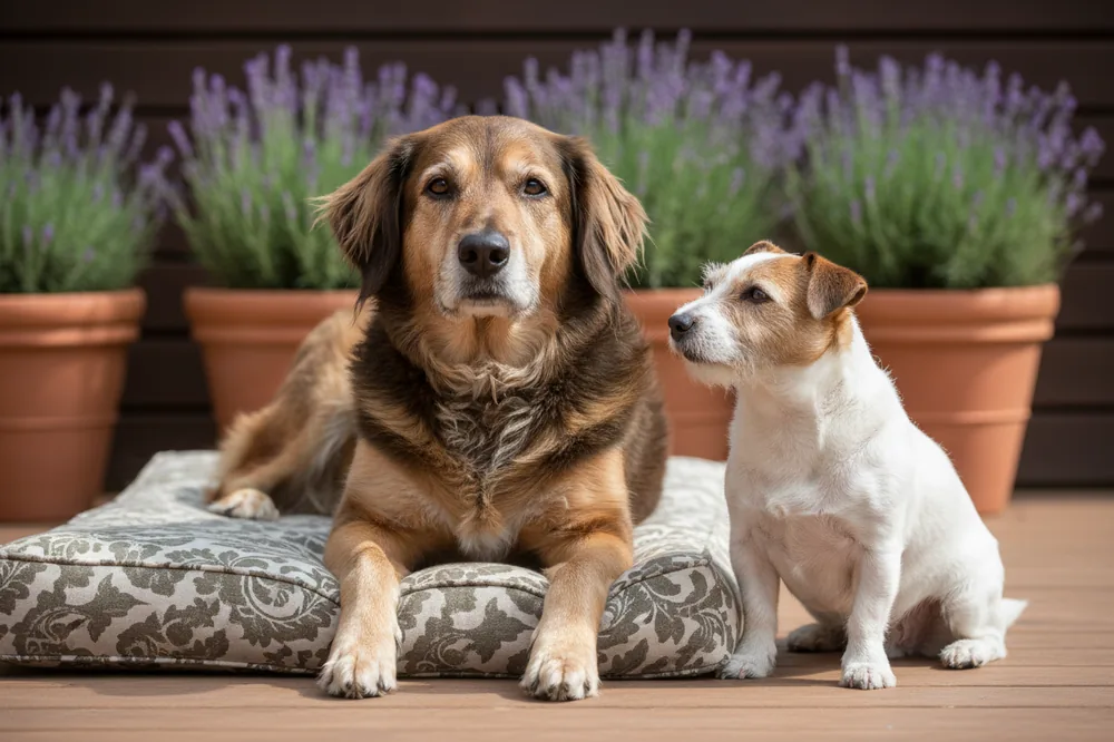 Un grand chien au museau grisonnant couché près d'un petit chien plein d'énergie : l'âge chien humain dépend de la taille