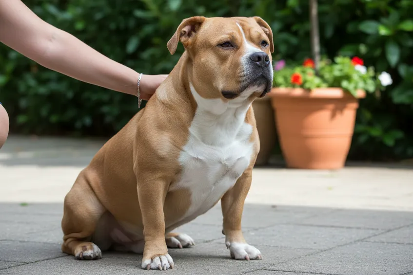 Chien de type american bully assis, oreilles naturelles non coupées, épaule caressée par sa maîtresse