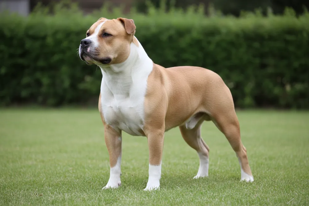 American Bully assis calmement aux côtés de son maître, une main posée sur son épaule.