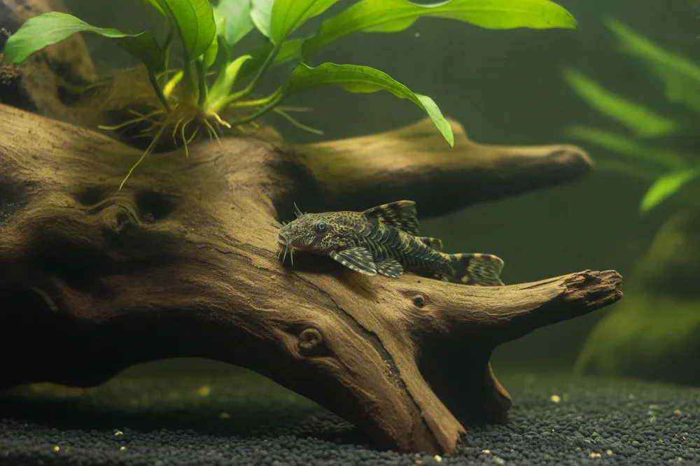 Ancistrus posé sur une racine immergée dans un aquarium planté, à l'ombre d'un feuillage.