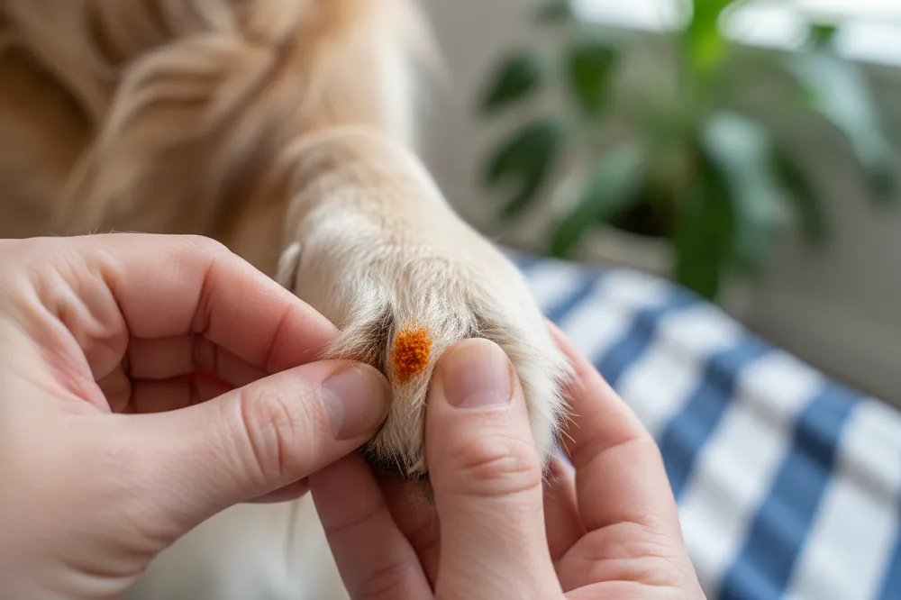 Amas orange d'aoûtats entre les doigts d'un chien, peau écartée à la main.