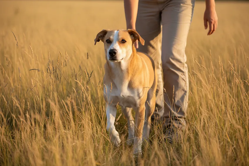 Chien marchant dans des herbes hautes de fin d'été, aux côtés de son maître.