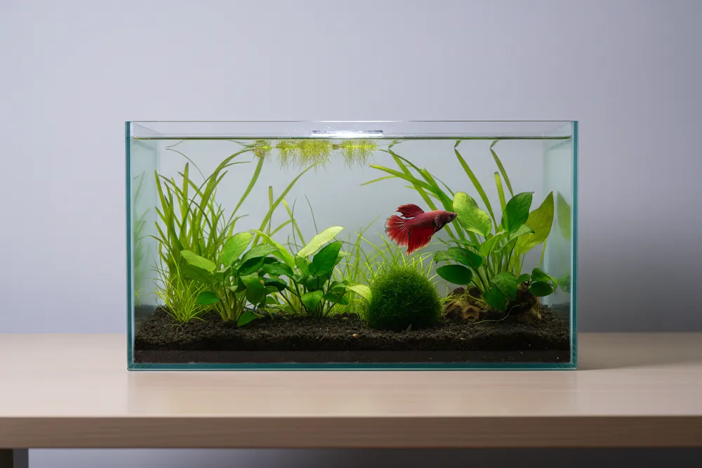 Aquarium de vingt litres planté pour poisson combattant, avec substrat sombre et plantes vertes.