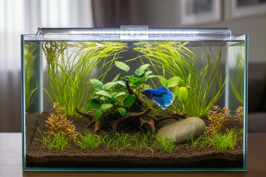 Aquarium planté de vingt litres pour poisson combattant, avec substrat sombre et plantes vertes