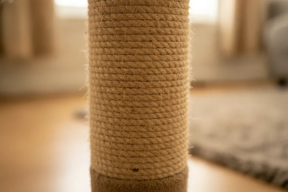 Gros plan sur un poteau d'arbre à chat gainé de corde de sisal enroulée serrée, griffé par l'usage.