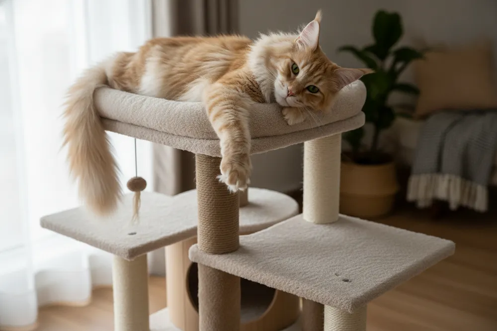 Grand chat à poil long allongé sur la plateforme large d'un arbre à chat XXL à base épaisse.