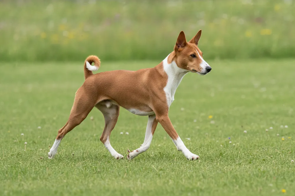 Basenji rouge et blanc au trot dans l'herbe, silhouette sèche et queue enroulée.