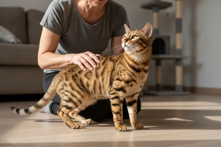 Complicité entre une propriétaire et son chat Bengal aux rosettes contrastées.