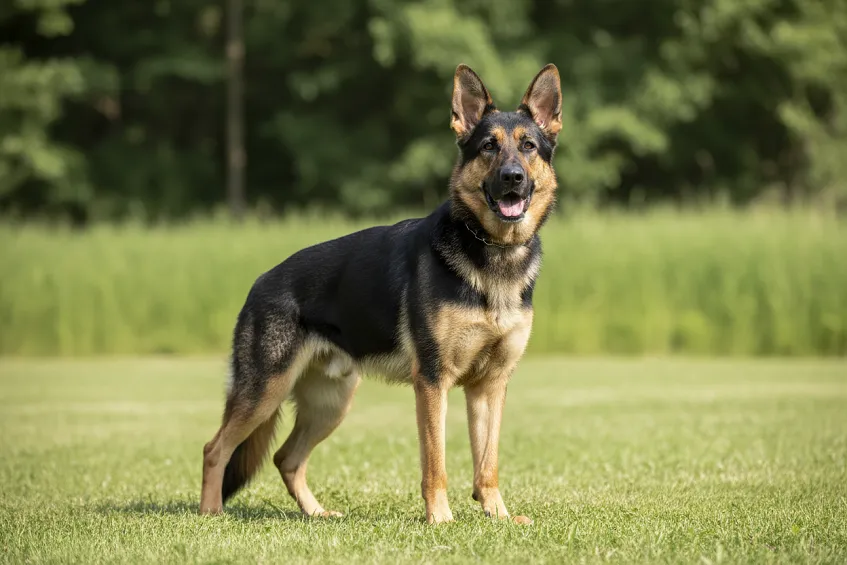 Berger allemand noir et feu debout de face dans une prairie, oreilles dressées et allure attentive.