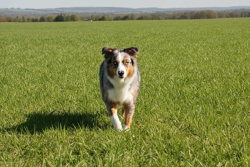 Berger australien en mouvement dans un pré, oreilles dressées et regard attentif.