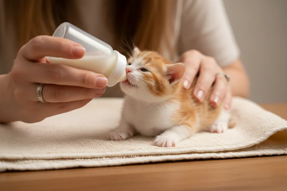 Chaton nourri au biberon chaton, ventre vers le bas sur une serviette, tenu doucement par deux mains