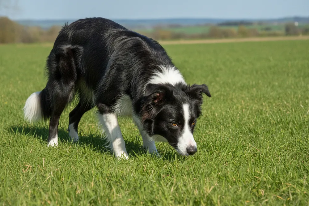 Border collie : chien noir et blanc en position de fixation, le regard concentré vers l'avant.
