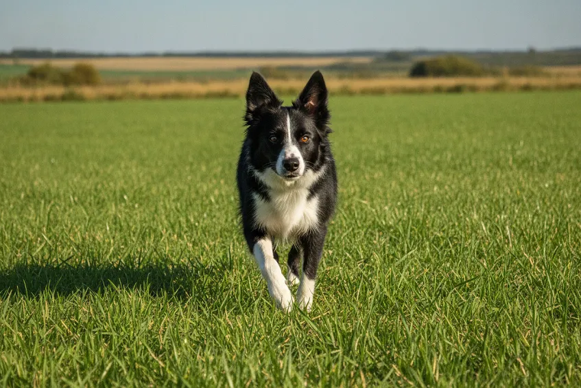 Border collie noir et blanc en pleine course dans un pré, oreilles dressées.
