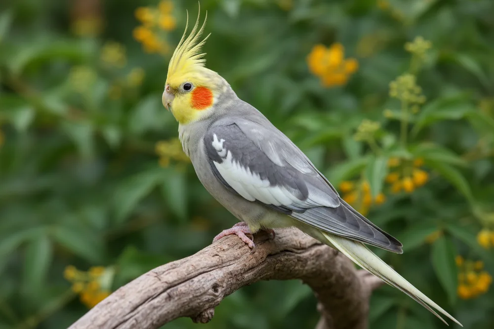 Calopsitte grise perchée sur une branche, huppe dressée, face jaune et joues orange.
