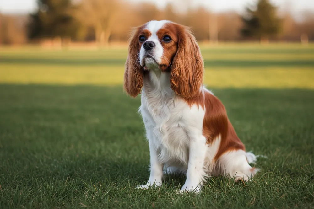 Cavalier king charles blenheim assis dans l'herbe, oreilles longues et regard attentif.