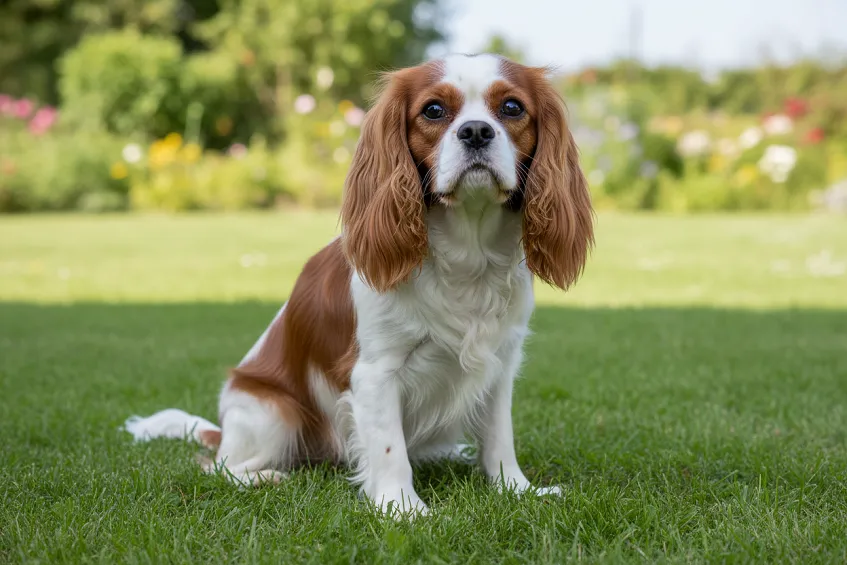 Cavalier king charles blenheim assis de face, oreilles longues et regard doux.