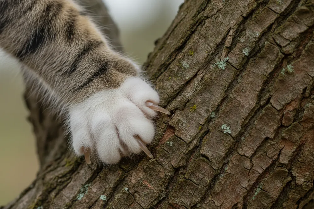 Patte avant d'un chat coincé dans un arbre, griffes plantées dans l'écorce d'une grosse branche.