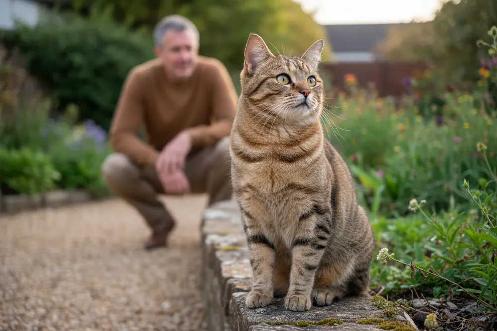 Chat errant que faire : chat tigré observé à distance sur un muret de pierre