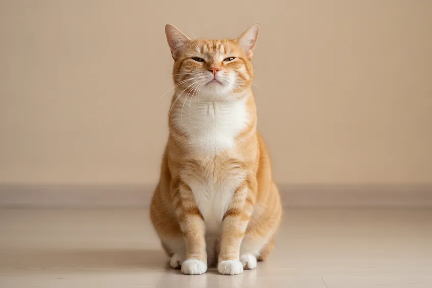 Chat roux assis de face, museau plissé et yeux mi-clos, au moment d'éternuer.