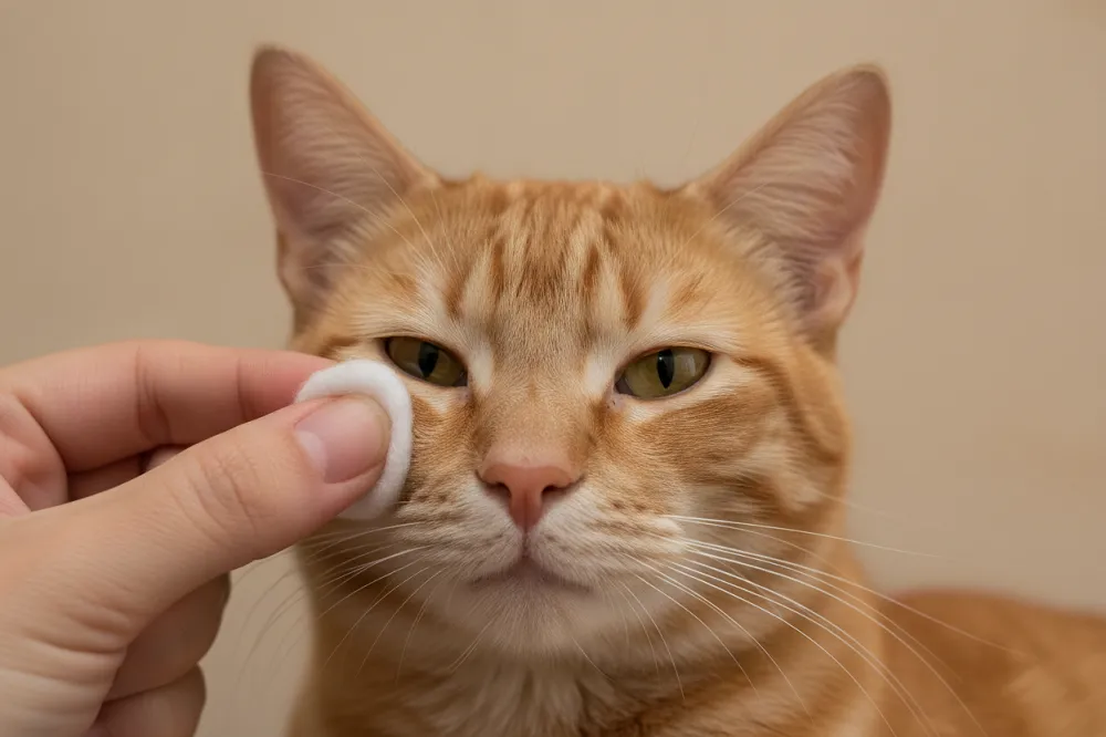 Contour de l’œil nettoyé au sérum physiologique chez un chat qui éternue, du coin interne vers l’extérieur.