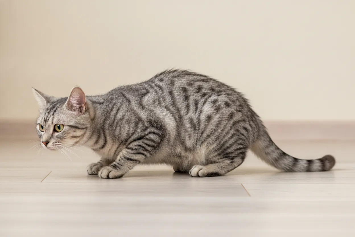 Chat gris accroupi au sol, cou tendu vers l’avant : la posture typique d’un chat qui tousse.