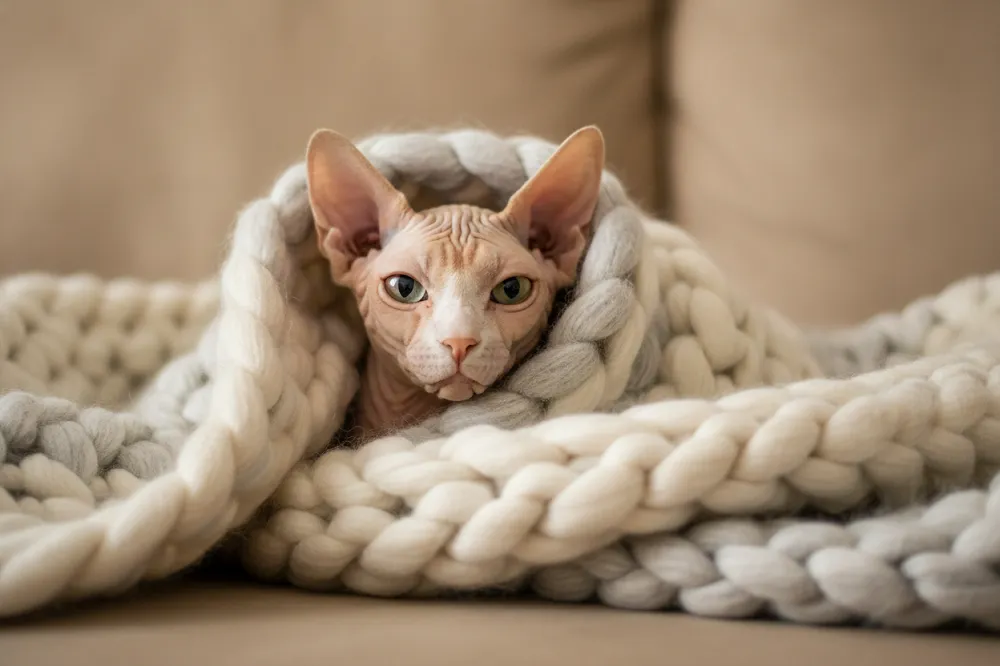 Chat sans poil roulé en boule sous une couverture épaisse, seule la tête dépassant du tissu.