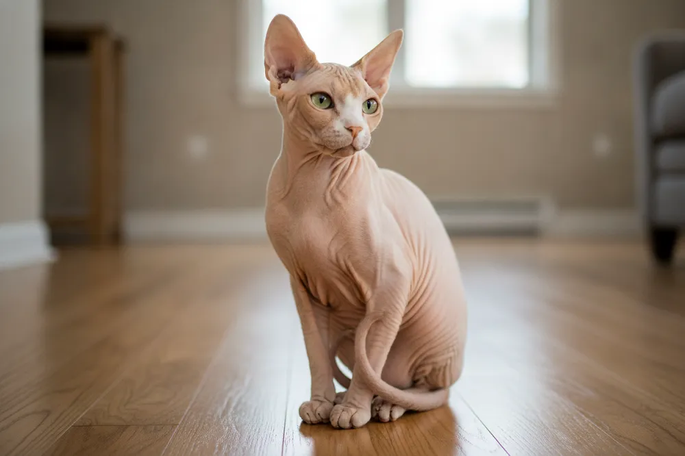 Chat sphynx sans poil assis de trois quarts, peau plissée sur le front et grandes oreilles bien visibles.