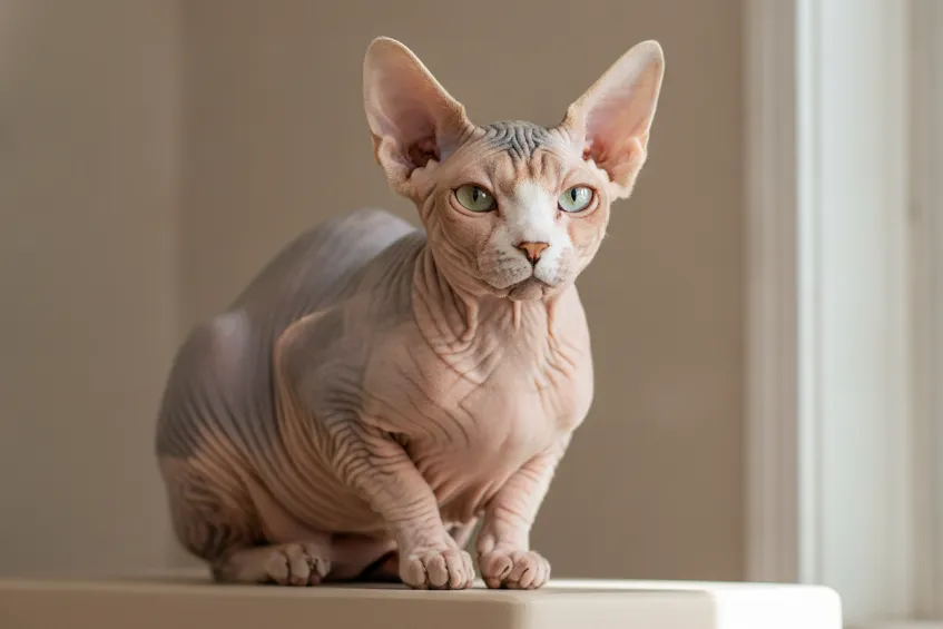 Chat sphynx sans poil assis, peau plissée et grandes oreilles caractéristiques