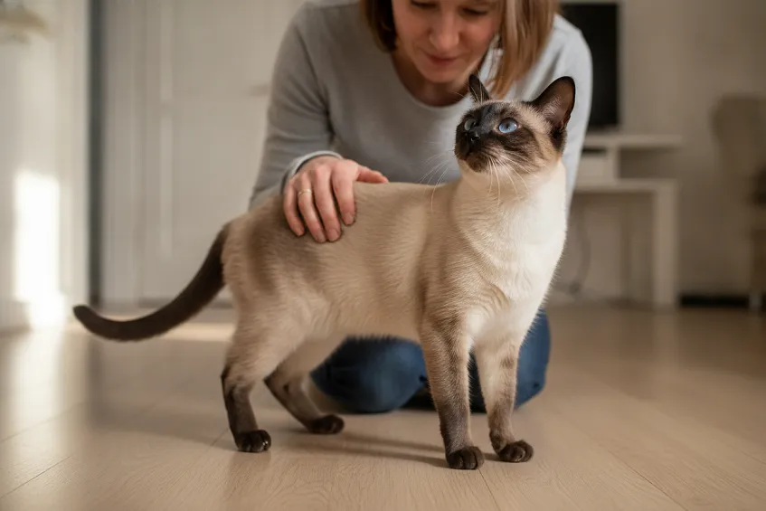 Complicité entre une propriétaire et son chat siamois seal point.