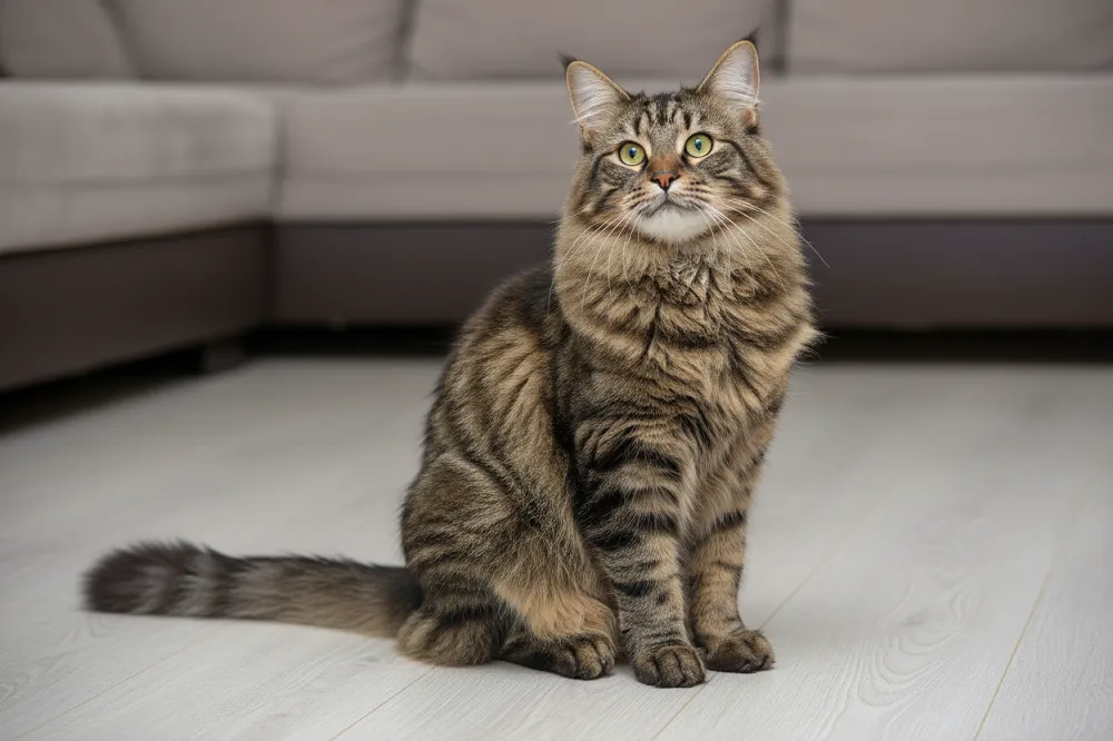 Chat de Sibérie brown tabby au poil mi-long dense, assis en intérieur.