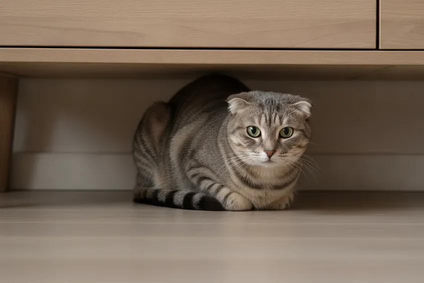 Chat gris tigré tapi dans l'ombre sous un meuble, corps ramassé et oreilles écartées.