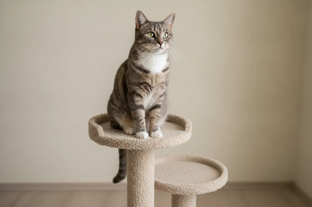 Chat gris tigré assis en haut d’un arbre à chat : la hauteur qui apaise un chat stressé.