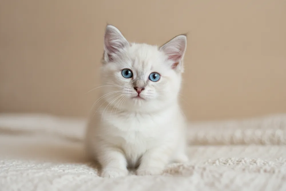 Chaton Ragdoll à la robe encore claire, les yeux déjà bleus.